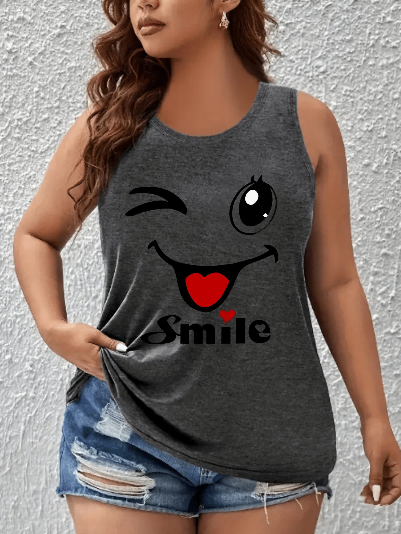 Plus Size Women's Cotton Tank Top Smile Graphic Sleeveless Shirt Summer Casual