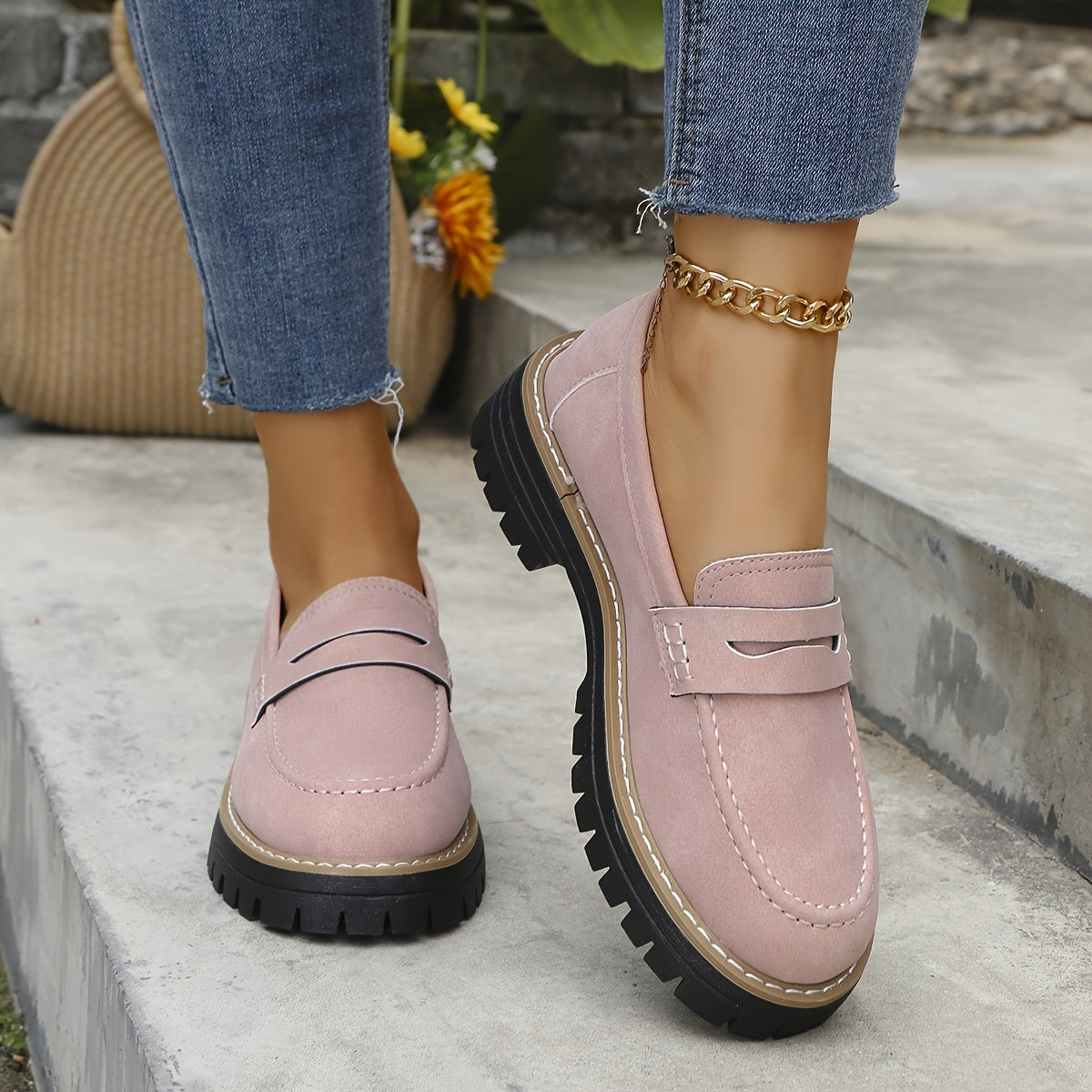 Women Vintage Penny Loafers Faux Leather Casual Slip-On Round Toe Durable EVA Sole