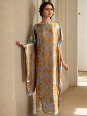 Plus Size Women's Gray Gold Baroque Abaya Dress with Scarf Loose Fit Long Dress