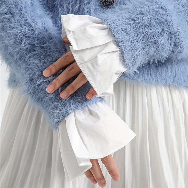 Women's White Sleeve Accessories with Ruffles and Trumpet-Shaped Design