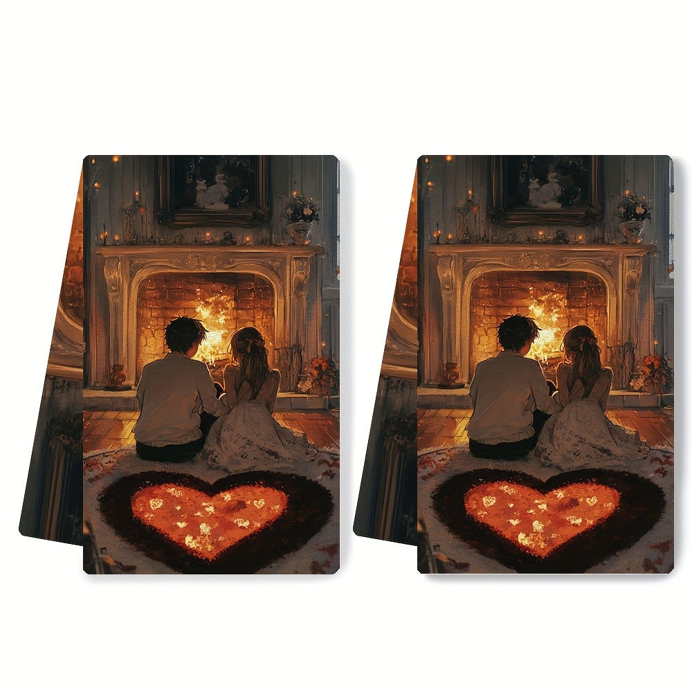 Set of 2 Ultra-Soft Absorbent Kitchen Towels Anime Couple Heart Rug 40x60 cm