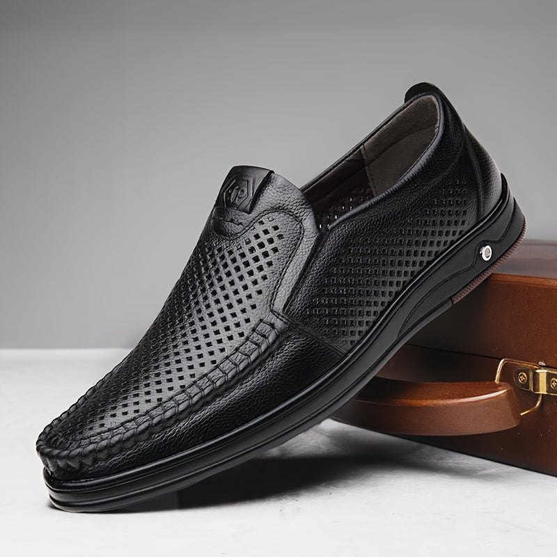 Men's Leather Casual Loafers with Hollow Out Design Slip-On Breathable Wear-Resistant for Outdoor and Office