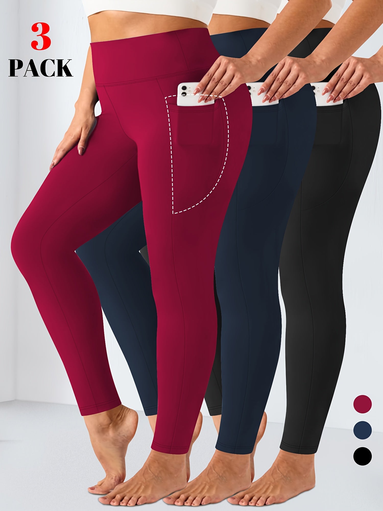 Women High Waist Tummy Control Yoga Leggings with Pockets Black 9/10 Length