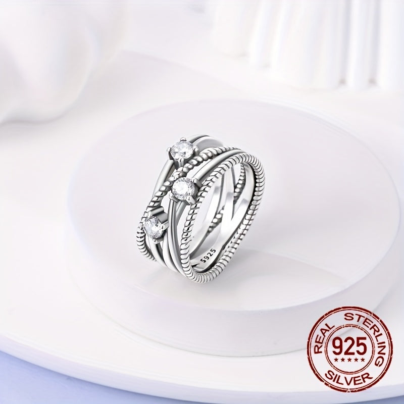 Sterling Silver Ring Intertwined Design Zirconia Accents Jewelry for Daily Wear