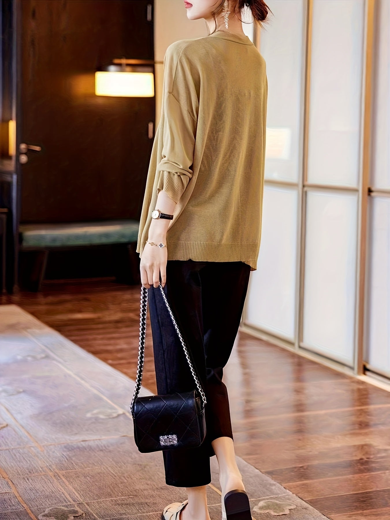 Plus Size Women's V-Neck Cardigan Lightweight Beige Open Front Sweater