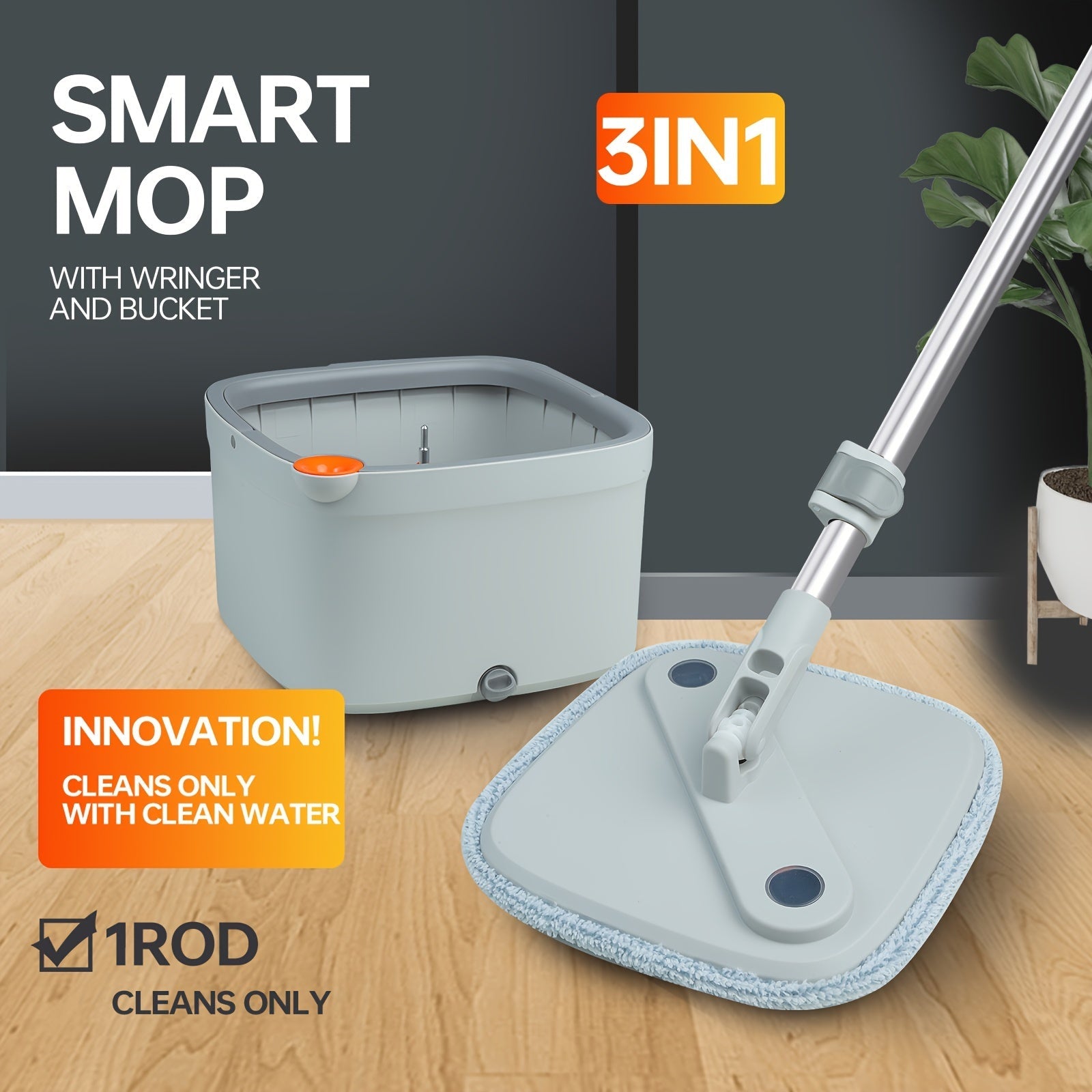 3-in-1 Smart Mop System with Hands-Free Washing and Dual-Use for Kitchen Bathroom Living Room