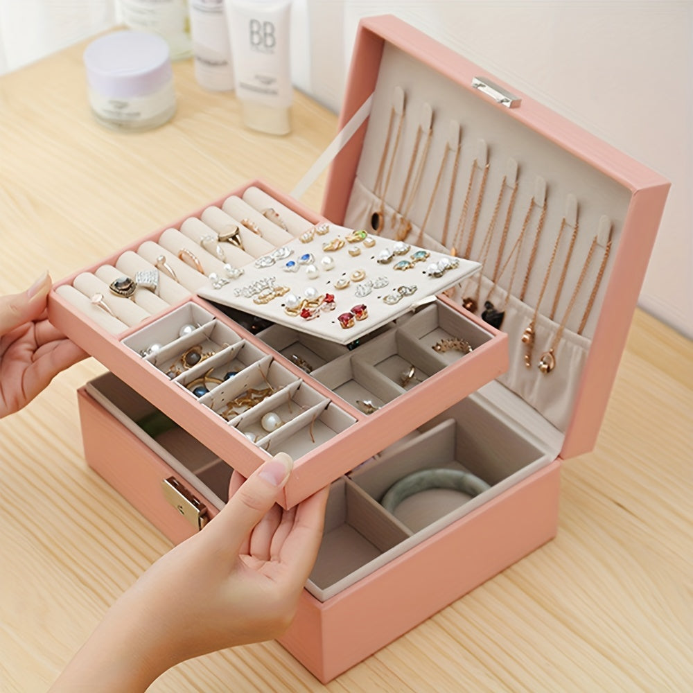 Elegant Faux Leather Triple-Layer Jewelry Box with Lock for Earrings and Accessories