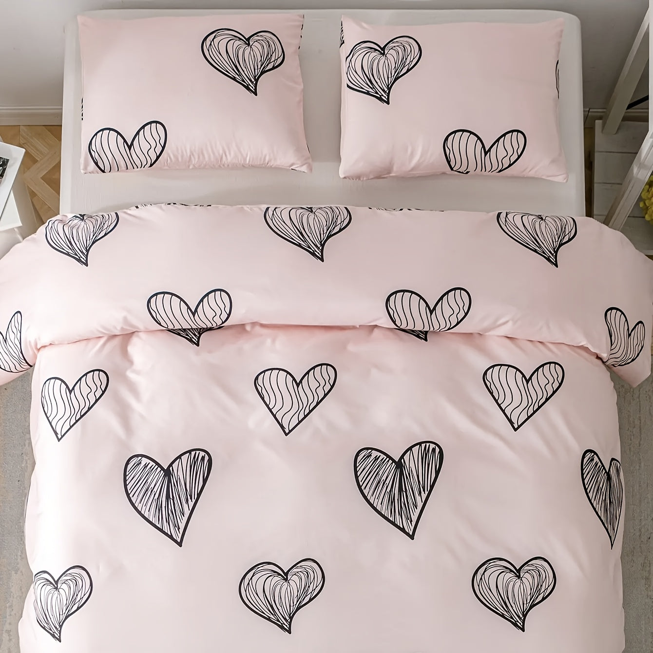 Pink Heart Pattern Pillowcases Set Soft Breathable Polyester Envelope Closure