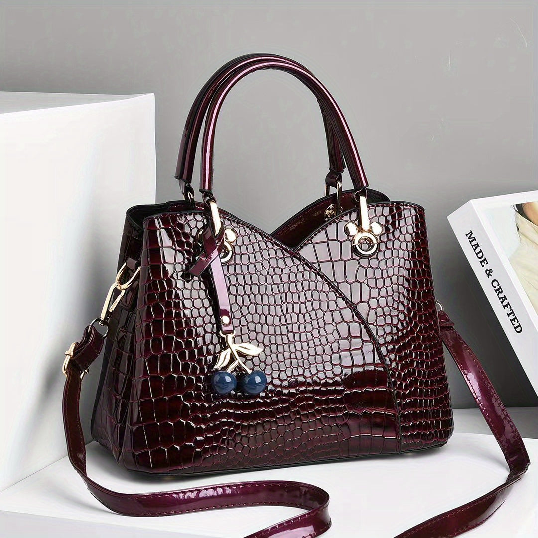 Crocodile Embossed Tote Bag with Cherry Pendant PU Checkered Zipper Closure