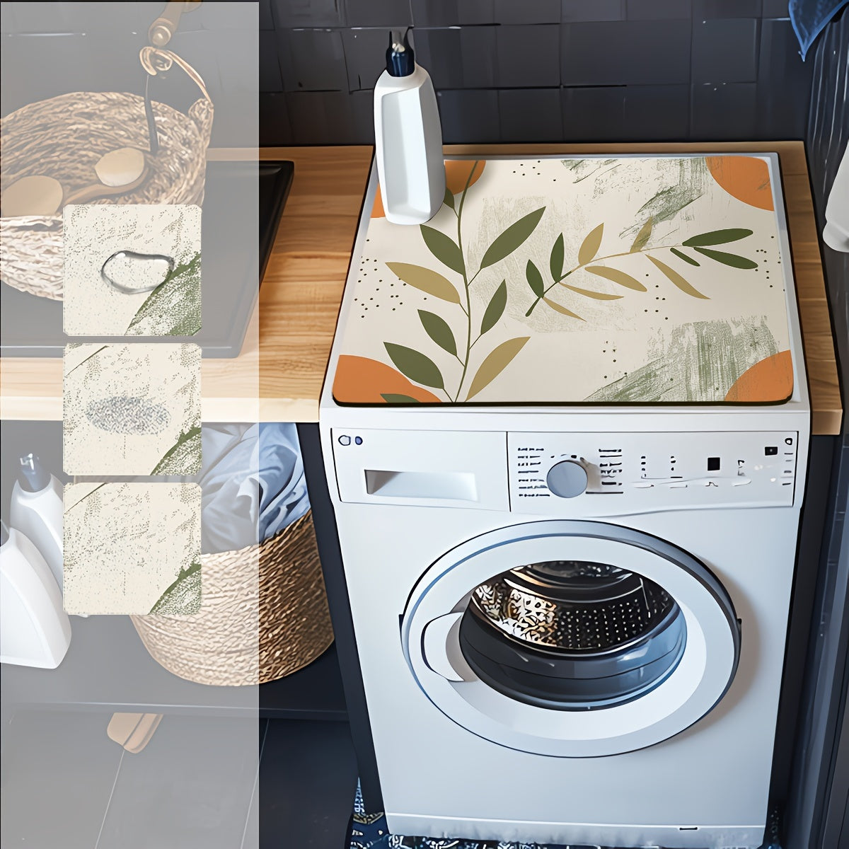 Защитный чехол для стиральной машины с дизайном в бохо-стиле: солнце и луна с листьями - размер 60 см x 50 см - с резиновым основанием и полиэстеровой передней частью