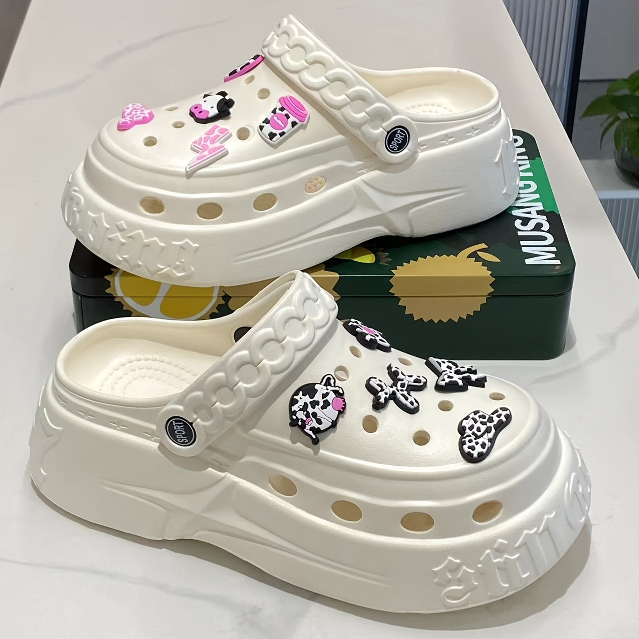 Women's Platform Clogs Shoes with Cushioned Insole, Lightweight EVA, Black White