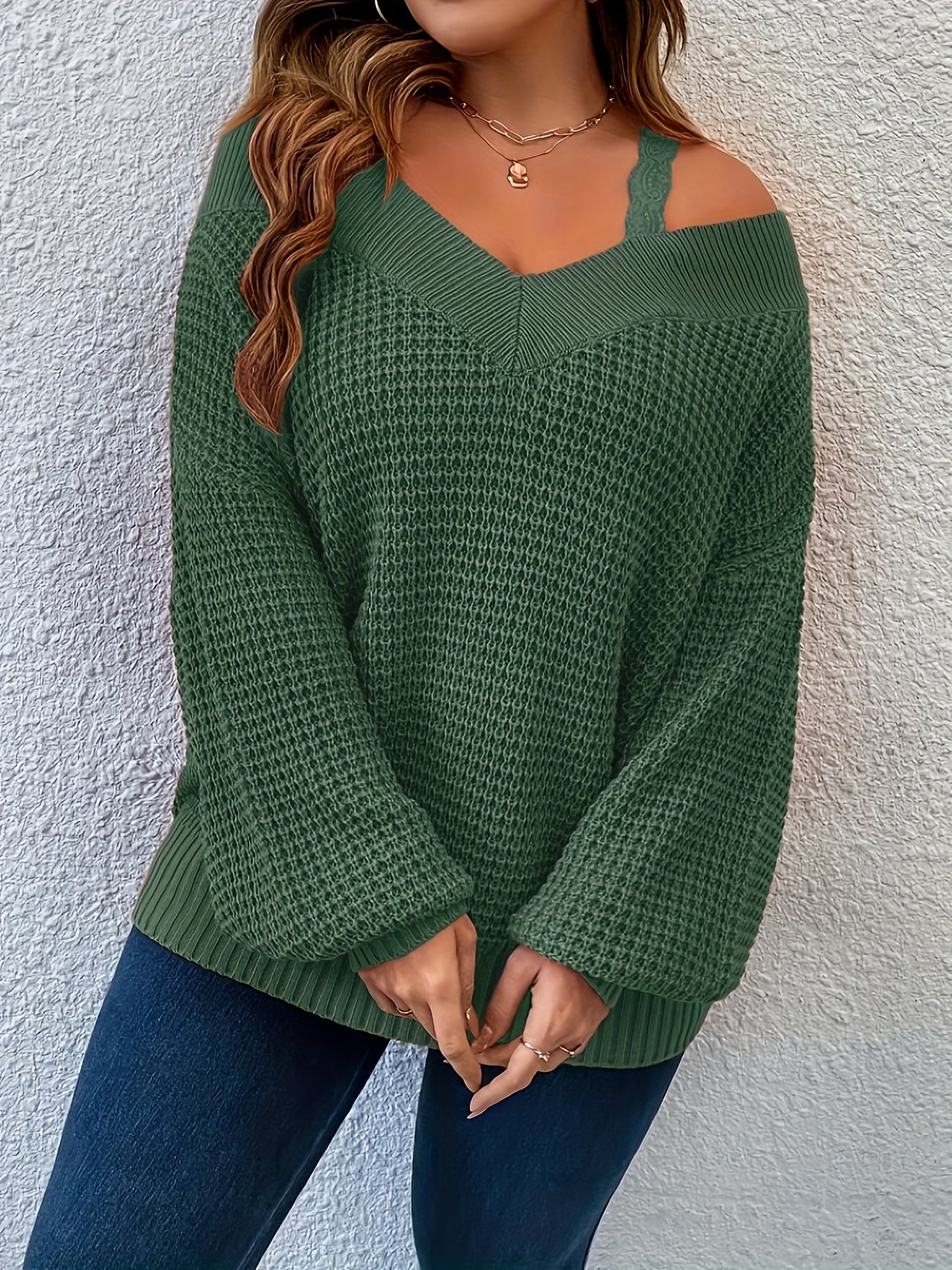 Women's Beige Knit Off-Shoulder Sweater with V-Neck Long Sleeves