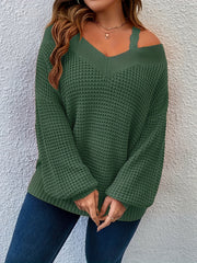 Ayollar uchun bej rangli, V-shakllı bo'yinli, uzun qo'lli trikotaj off-shoulder sviter