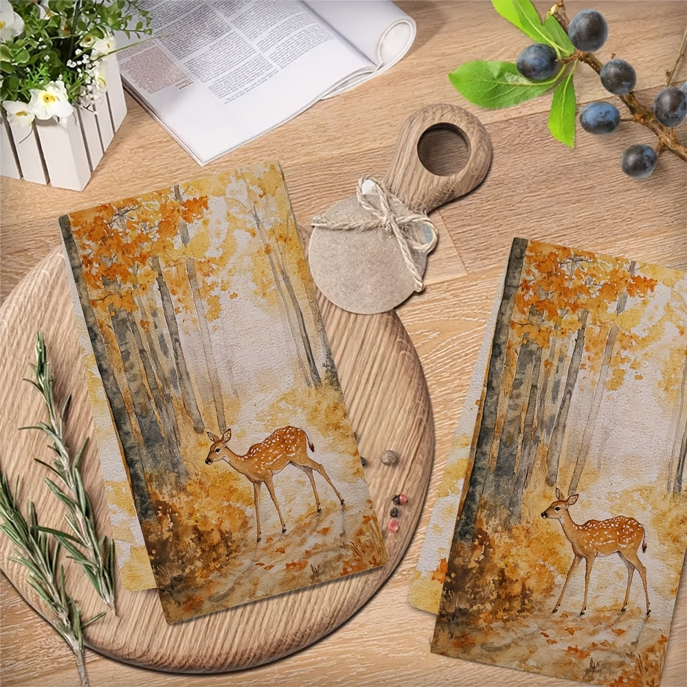 Set of 2 Soft Kitchen Towels with Forest and Deer Scene, Absorbent, 16x24 Inches