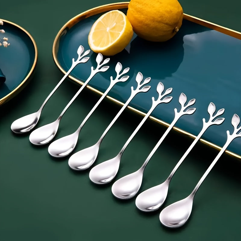 Juego de 8 cucharas de café de acero inoxidable con diseño de rama para remover postres y helado
