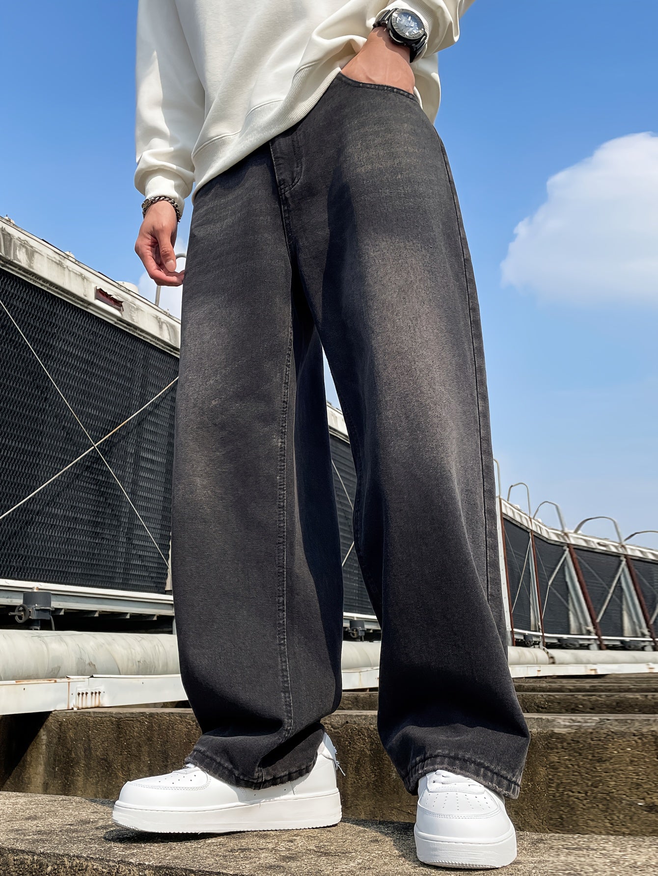 Unisex Wide Leg Denim Jeans Cotton Blend Casual Pockets Solid Color Regular Length