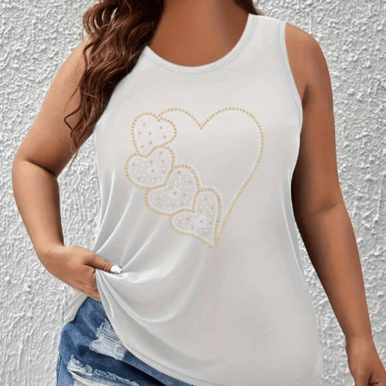 Plus Size Women's Heart Print Tank Top Off-Shoulder Breathable Stretchy Summer Casual