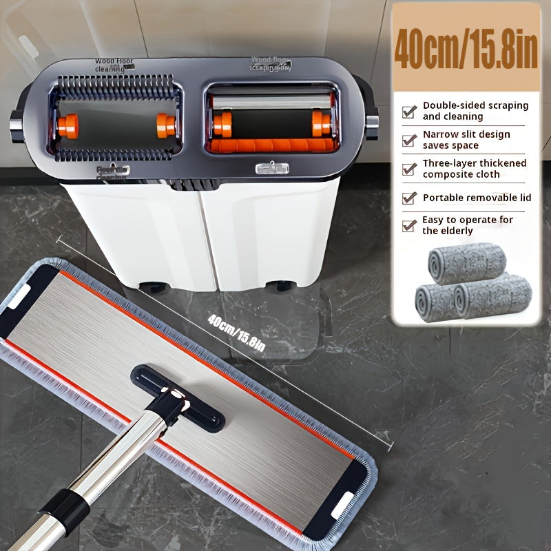 Oq tekis mopu va chelak to'plami, siqish qo'shimchasi bilan, metall material, uzun tutqich, nam/quruq devor tozalash va pol tozalash uchun ideal, 3/6 ta yuviladigan mikrofiber padlar bilan birga, yashash xonasi, yotoqxona, hammom va oshxona uchun mos.