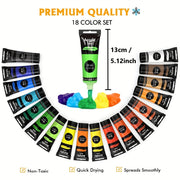 28 предметов акриловой краски с 18 яркими цветами (36 мл в бутылке) и 10 кистями. Краски высокого качества, которые не выцветают, подходят для различных поверхностей. Отлично подходит для начинающих, любителей и