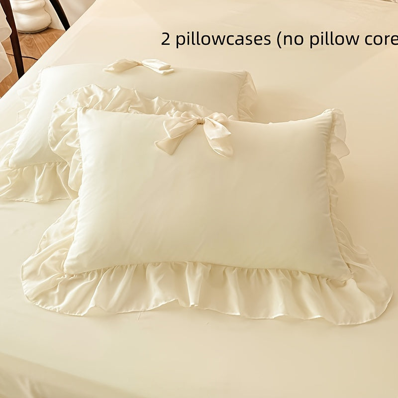 Princess Style Beige White Duvet Cover Set with French Lace Embellishments All-Season Zipper Closure 100% Polyester Woven Fabric