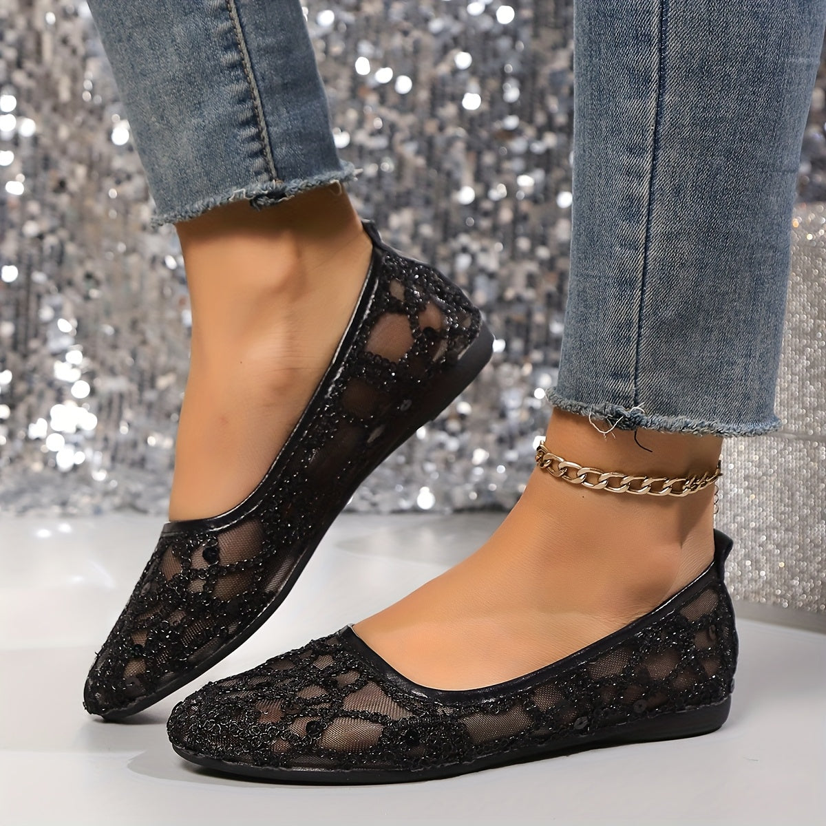 Zapatos planos slip-on de malla con purpurina para mujer, suela de EVA transpirable, zapatos para todas las estaciones