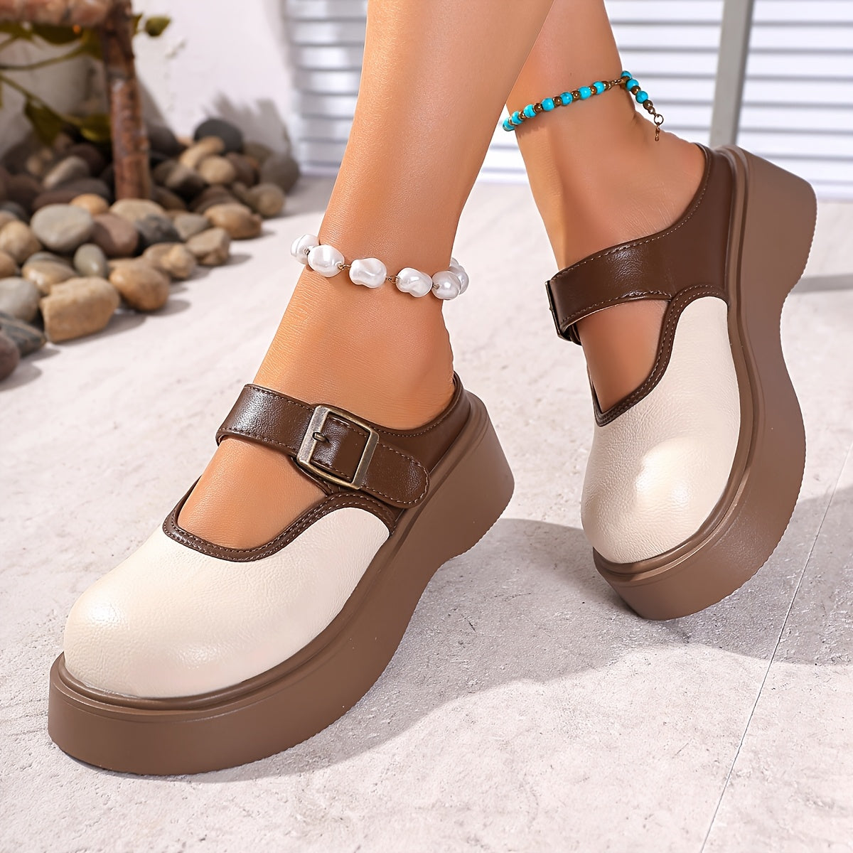 Women's Vintage-Inspired Platform Mules Breathable Beige Brown Slip-On Loafers