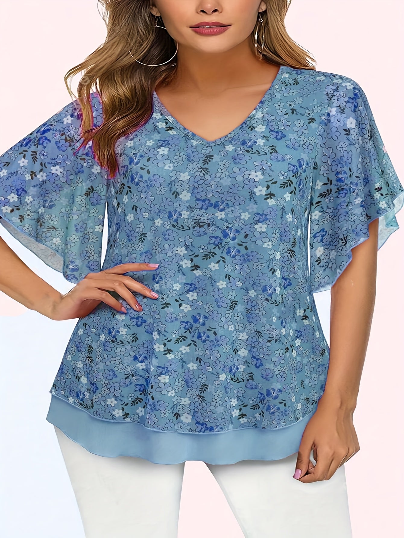Women’s Floral Mesh V-Neck Blouse with Flutter Sleeves Lightweight Polyester