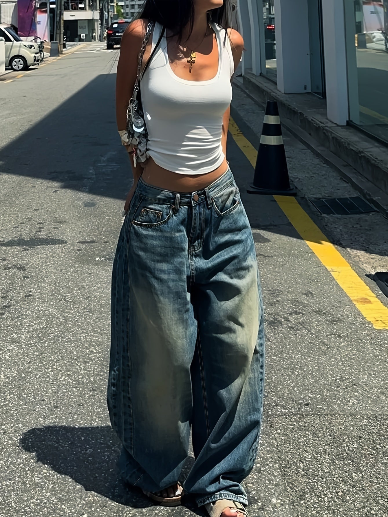 Women’s Vintage-Style Washed Blue Straight Leg Jeans Casual Denim Pants