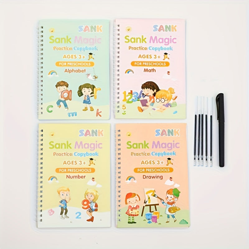 Conjunto de libros de práctica de caligrafía en inglés para niños de 3 años en adelante con pluma de acero, pluma dura y ranuras digitales