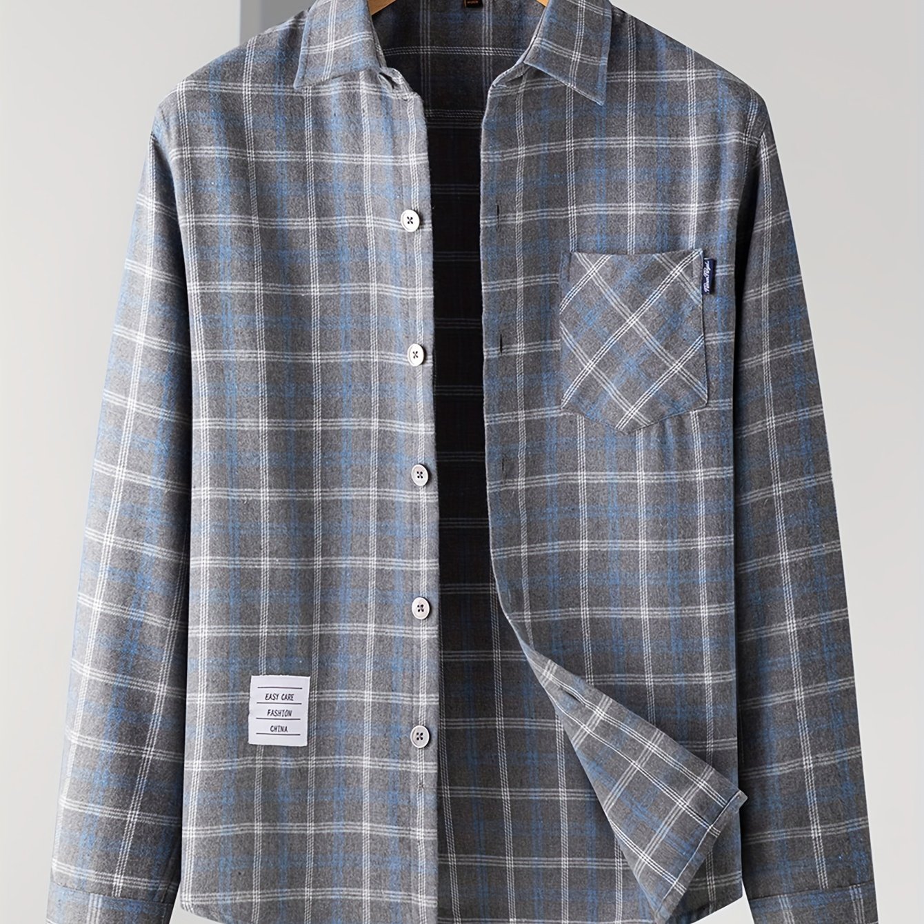 Men's Plaid Long Sleeve Shirt Polyester Blend Button-Up Casual Semi-Formal