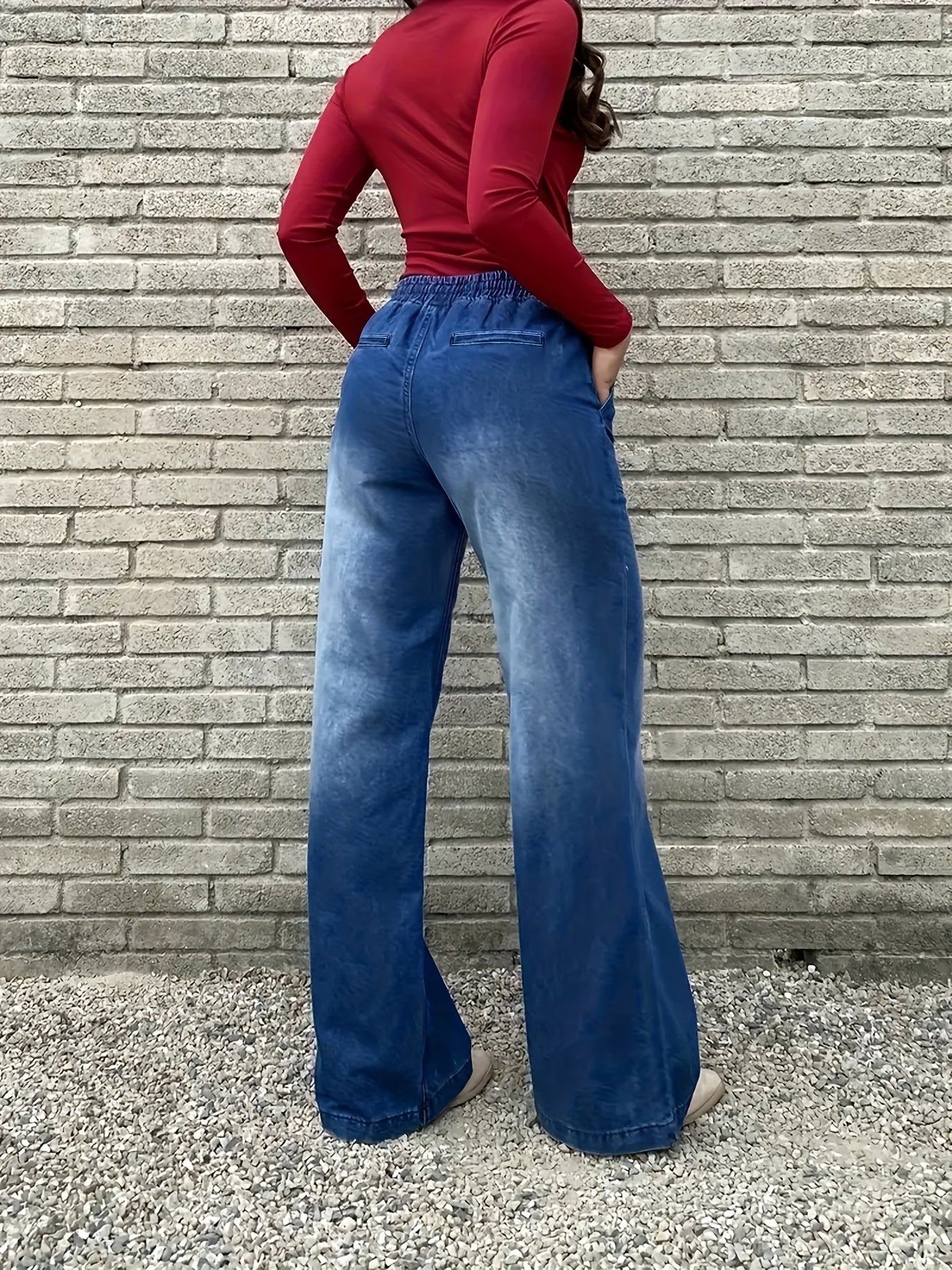 Women High Waist Wide Leg Denim Pants Solid Color All-Season Floor-Length