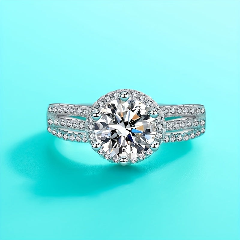 Sterling Silver Wide Band Ring with 2/3ct Moissanite and Pave Zirconia for Engagement or Wedding