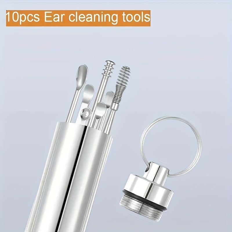 10-Piece Stainless Steel Earwax Cleaning Tool Set with Spiral and Ear Pick Spoons