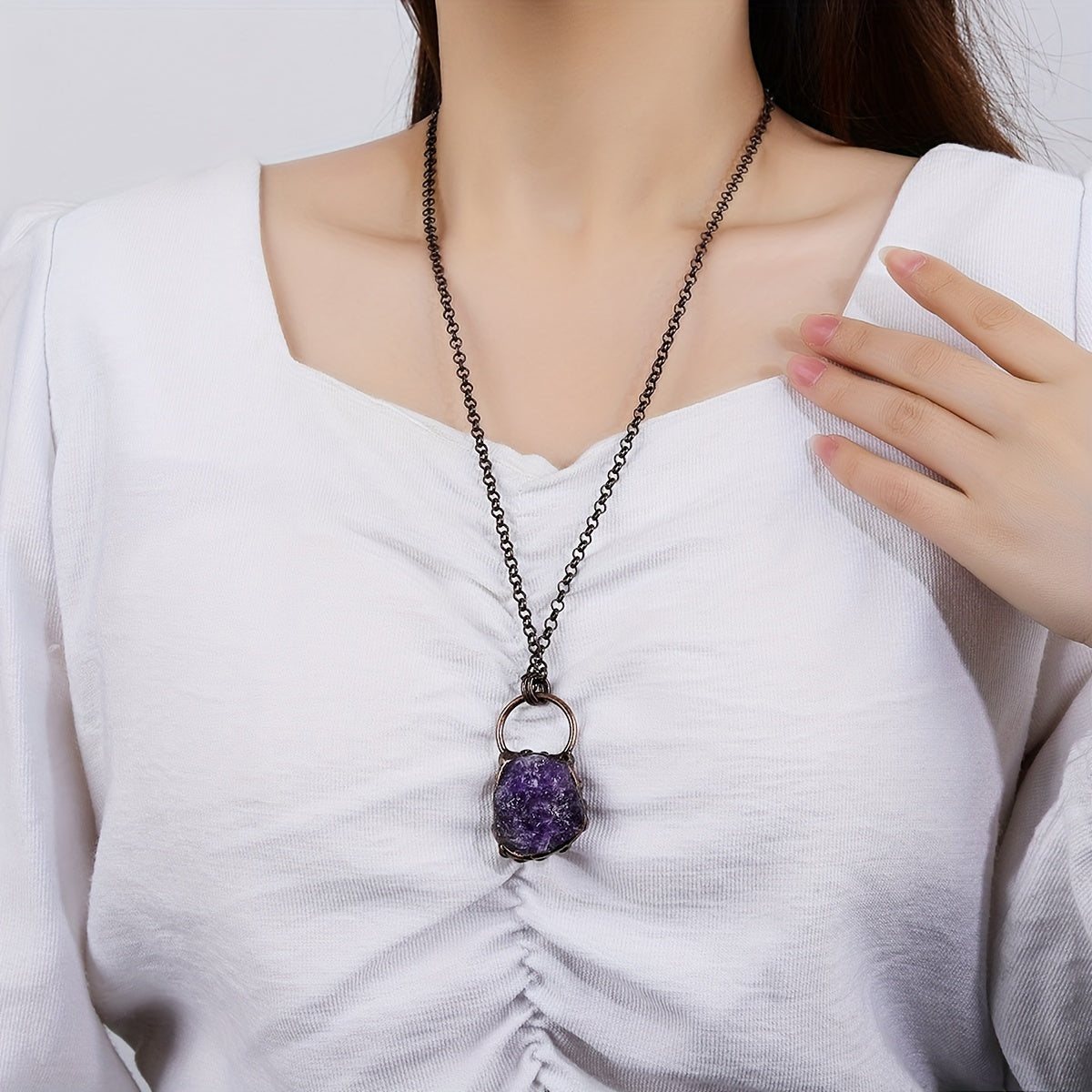 Natural Stone Pendant Necklace for Women Vintage Copper Jewelry Gift