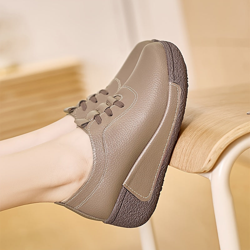 Women's Solid Color Lace-Up Casual Shoes with Soft Sole and Platform