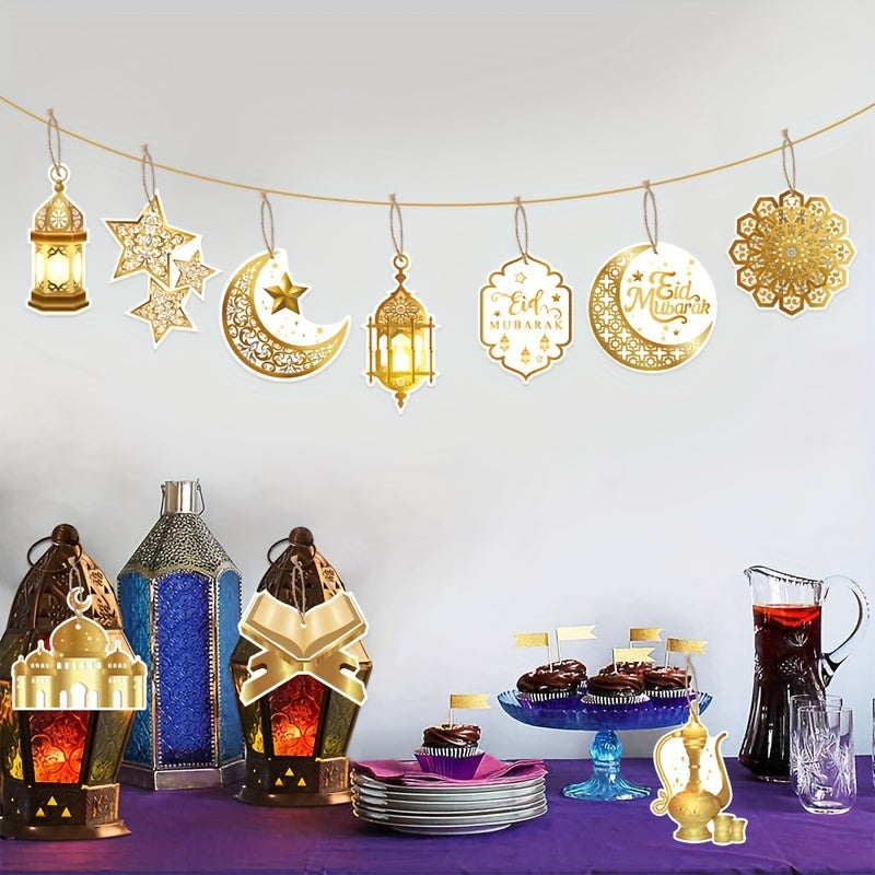 14/10pcs Eid Mubarak Paper Hanging Ornaments with 5m Hemp Rope for Ramadan Party Decorations
