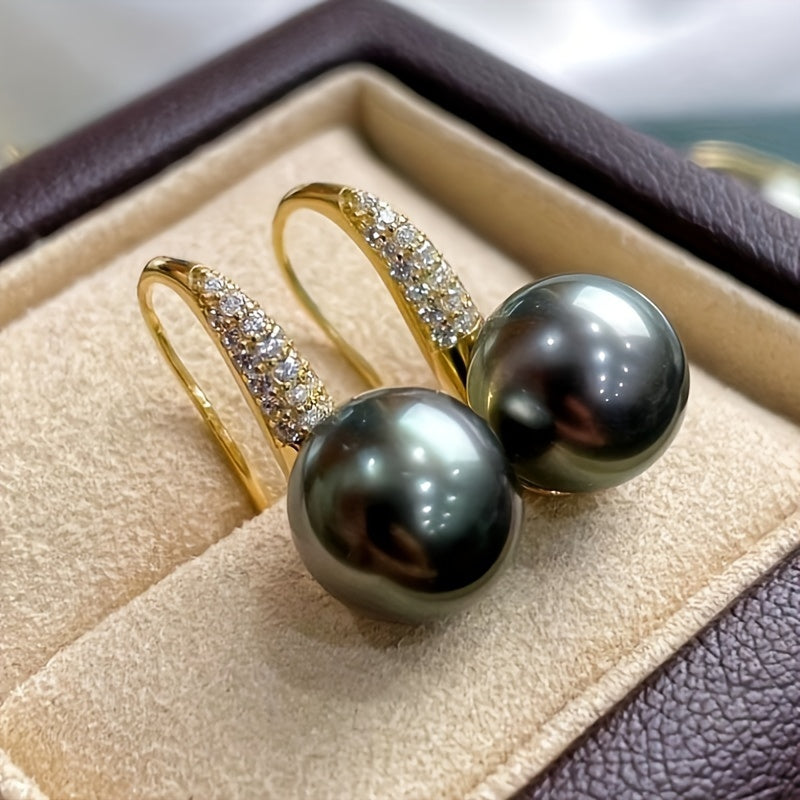 Pendientes de perlas con concha negra chapados en oro de 18K para mujer 10mm