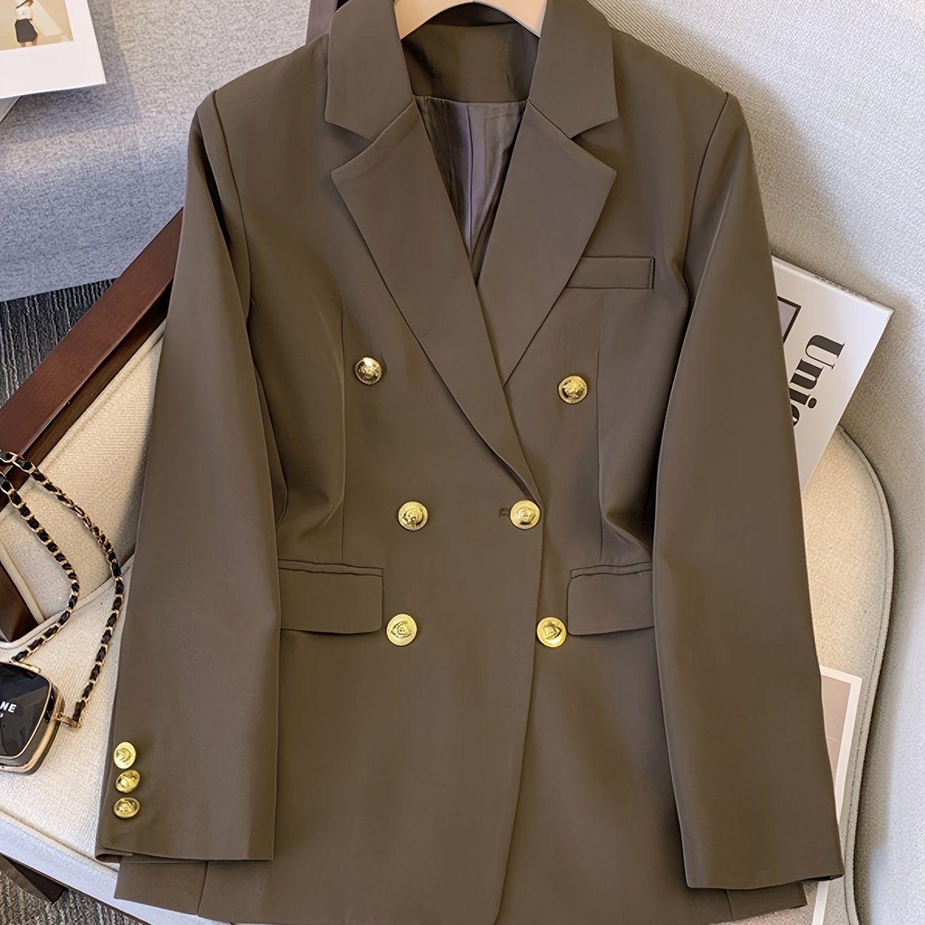 Sunygal Ayollar uchun Ikki Qavatli Blazer - Oddiy Rangda - Uzun Yengli, Odatdagi H-Fit Polyester Kostyum Jaqeti