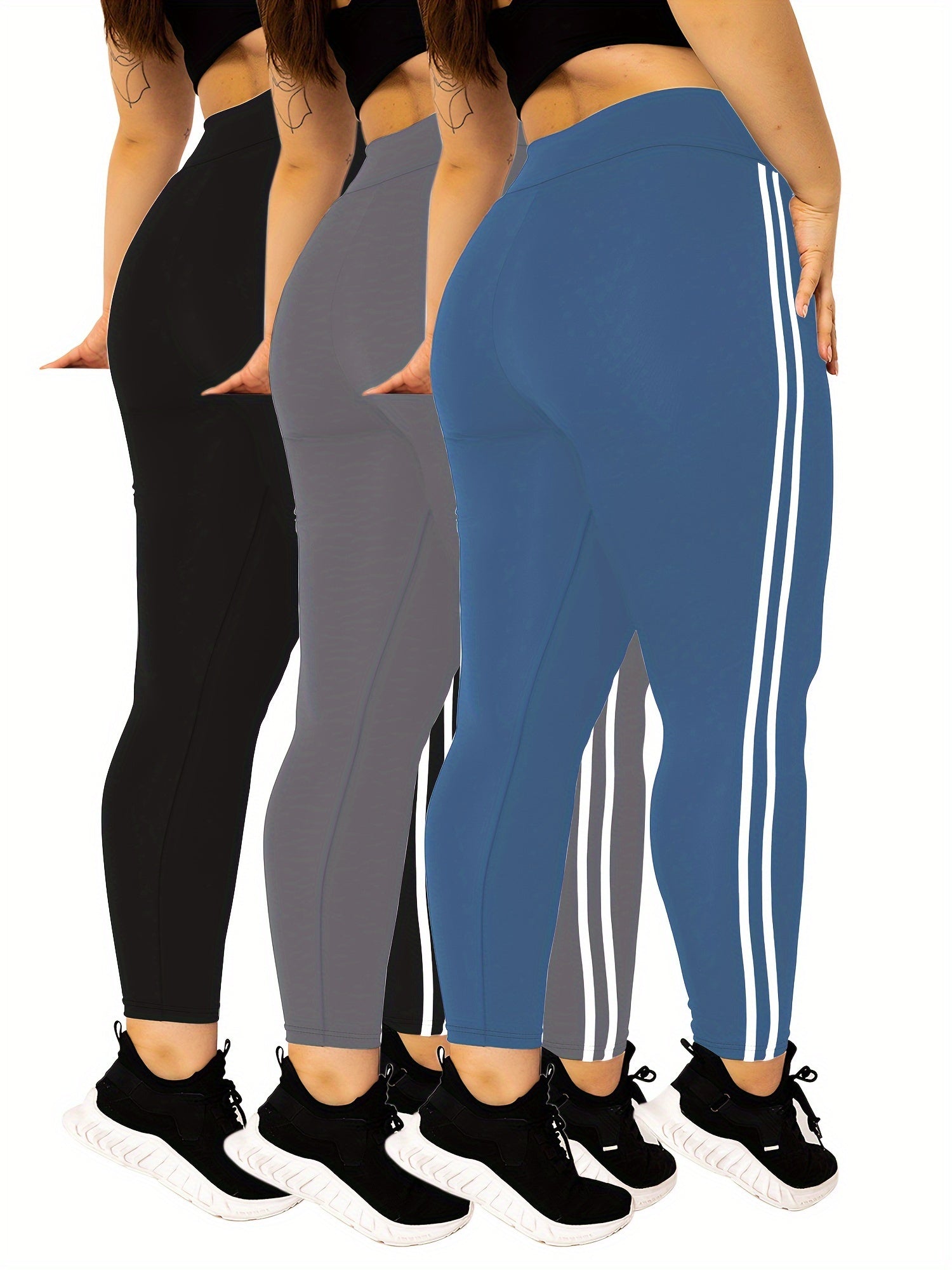 Plus Size High Waist Skinny Leggings Polyester Knit Solid Color Side Stripes All-Season Yoga Pants