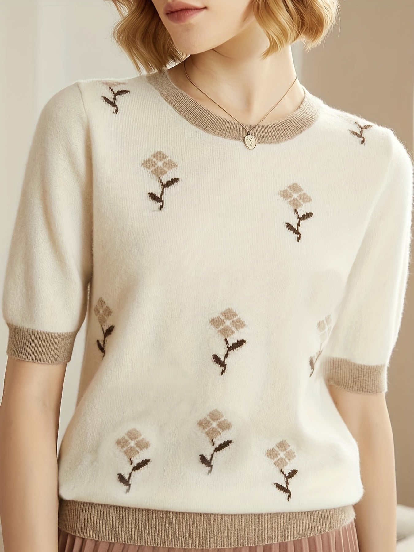Suéter de mujer con bordado floral, cuello redondo, otoño, primavera, casual, elegante
