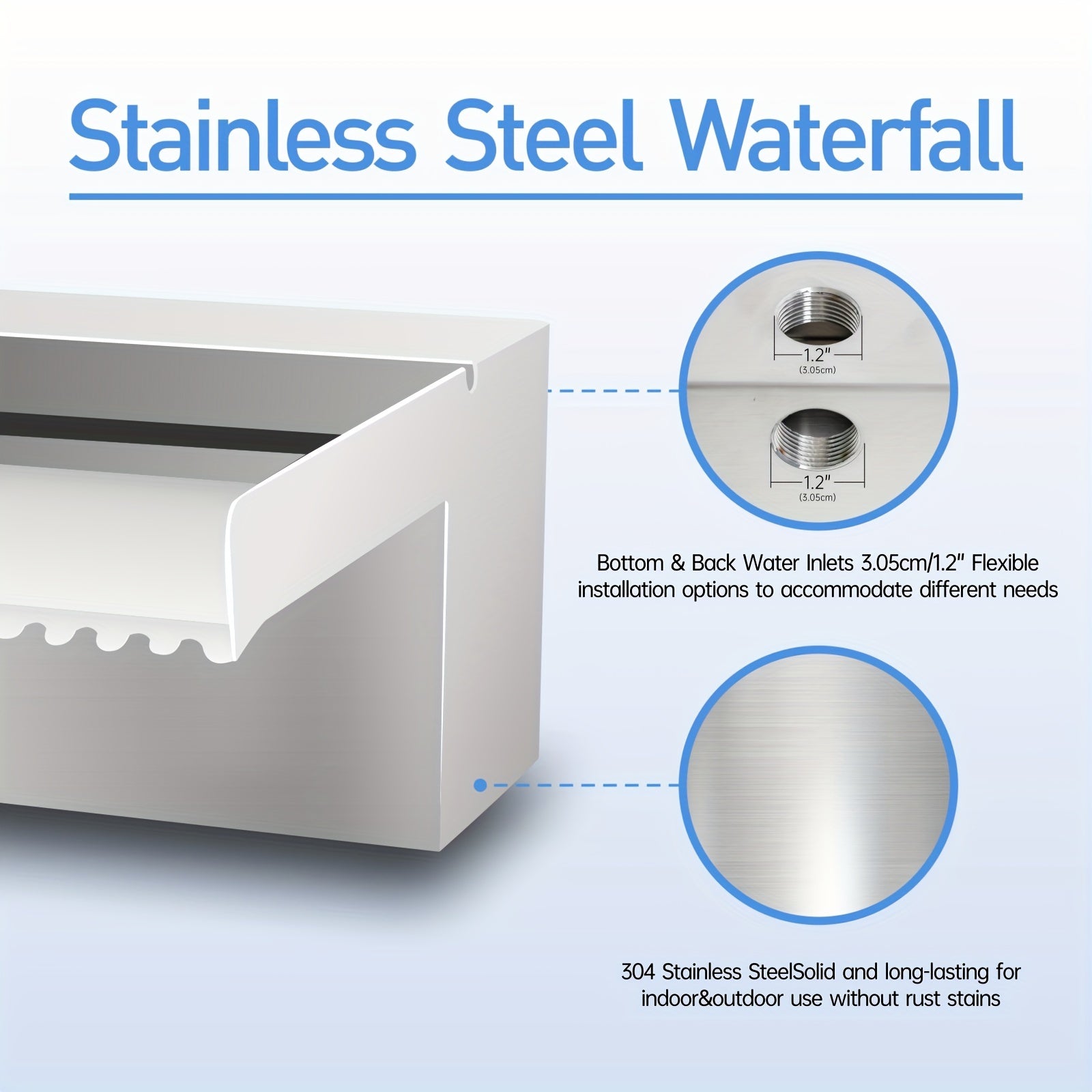 304 zanglamaydigan po'latdan yasalgan suv toshqini uchun hovuzlar va bog'lar uchun, yoritgichsiz, turli o'lchamlarda