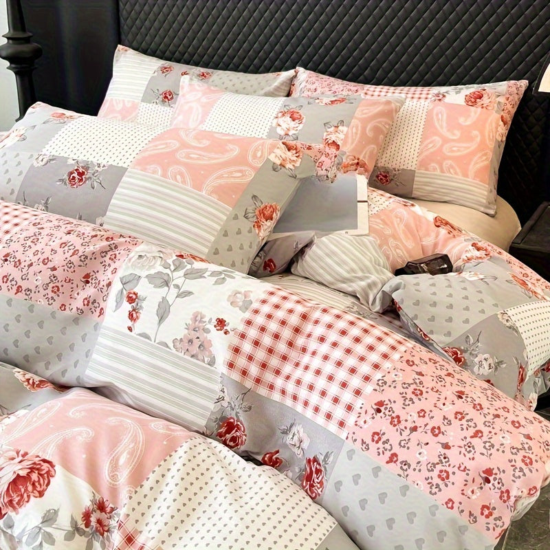 Pink Patchwork Quilt Cover Set Microfiber Soft Bed Decor with Pillowcases