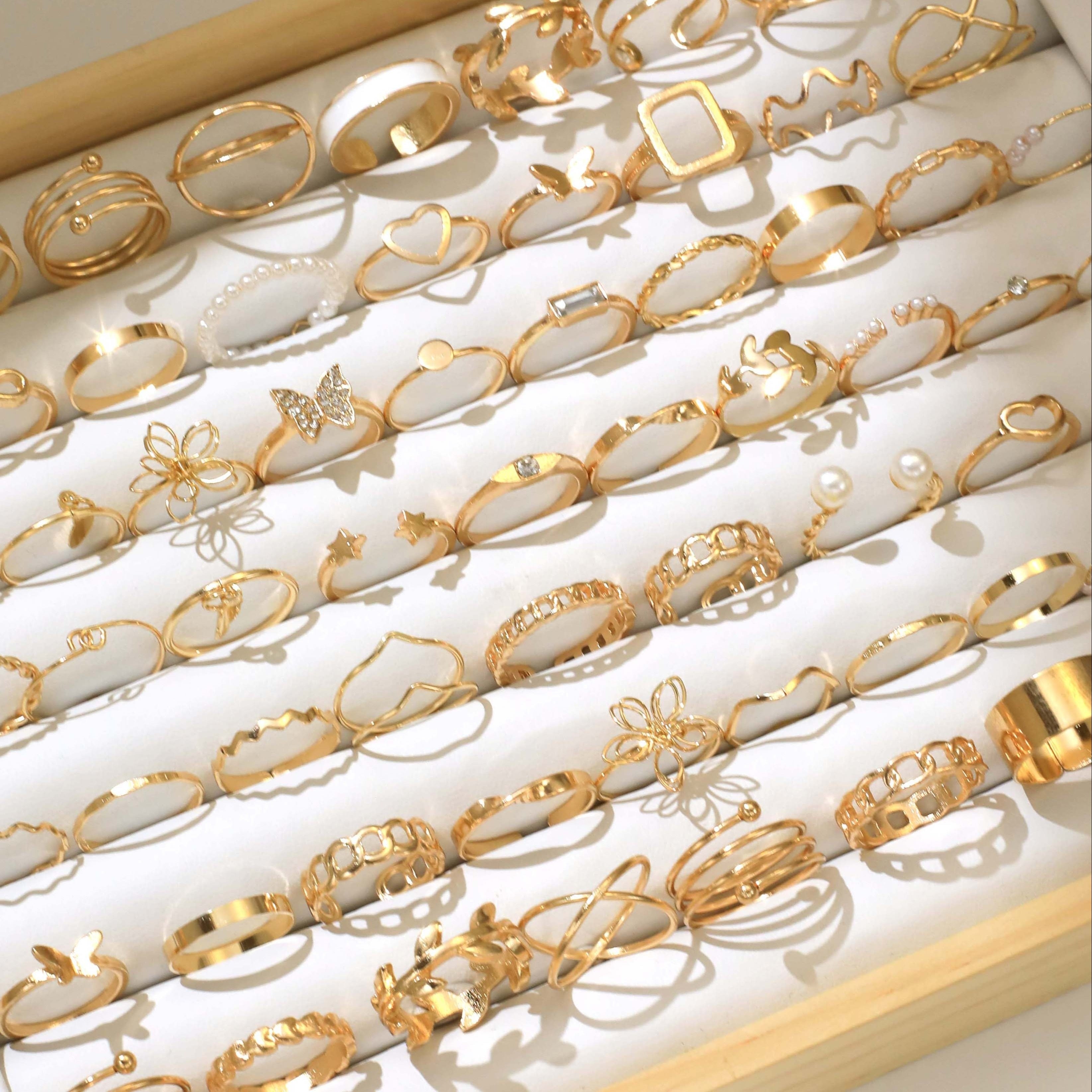 Vintage 66-Piece Two-Tone Fashion Ring Set with Imitation Pearls for Women Girls