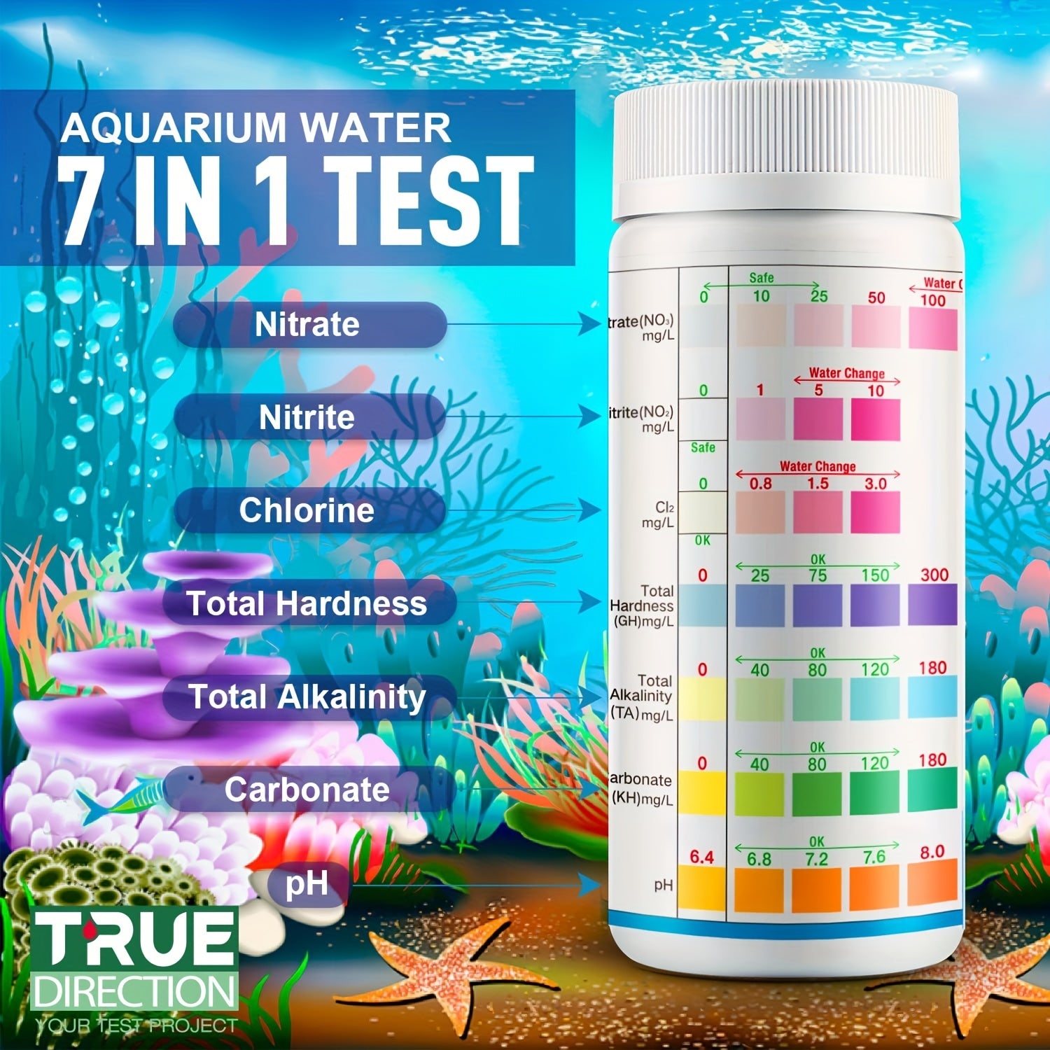 7-Way Aquarium Test Strips for Freshwater Saltwater Fish Tanks Ponds Water Quality