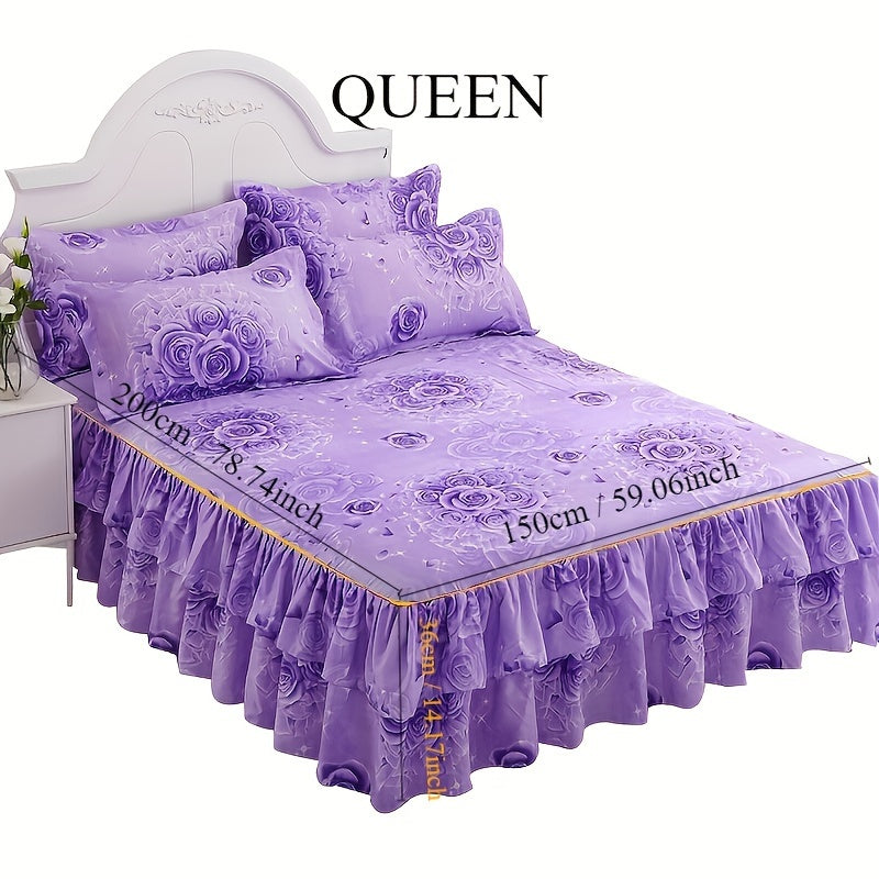 Set of 3 Tropical Floral Bedding Set with Lace Bed Skirt and Pillowcases Ruffled Edges Purple