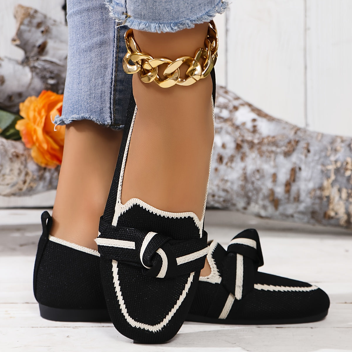 Women's Flat Shoes with Bow, Square Toe, Knitted Fabric, Slip-On, Lightweight
