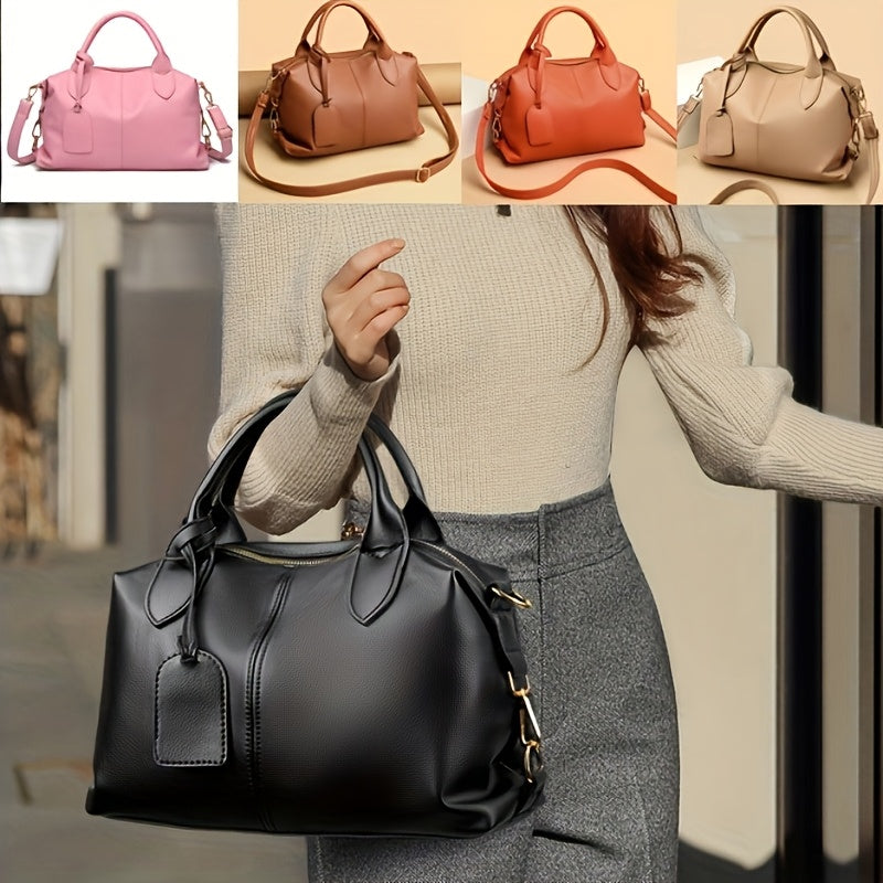 Synthetic Leather Tote Bag with Zipper Closure and Edge Paint in Black Pink Khaki Orange Light Brown