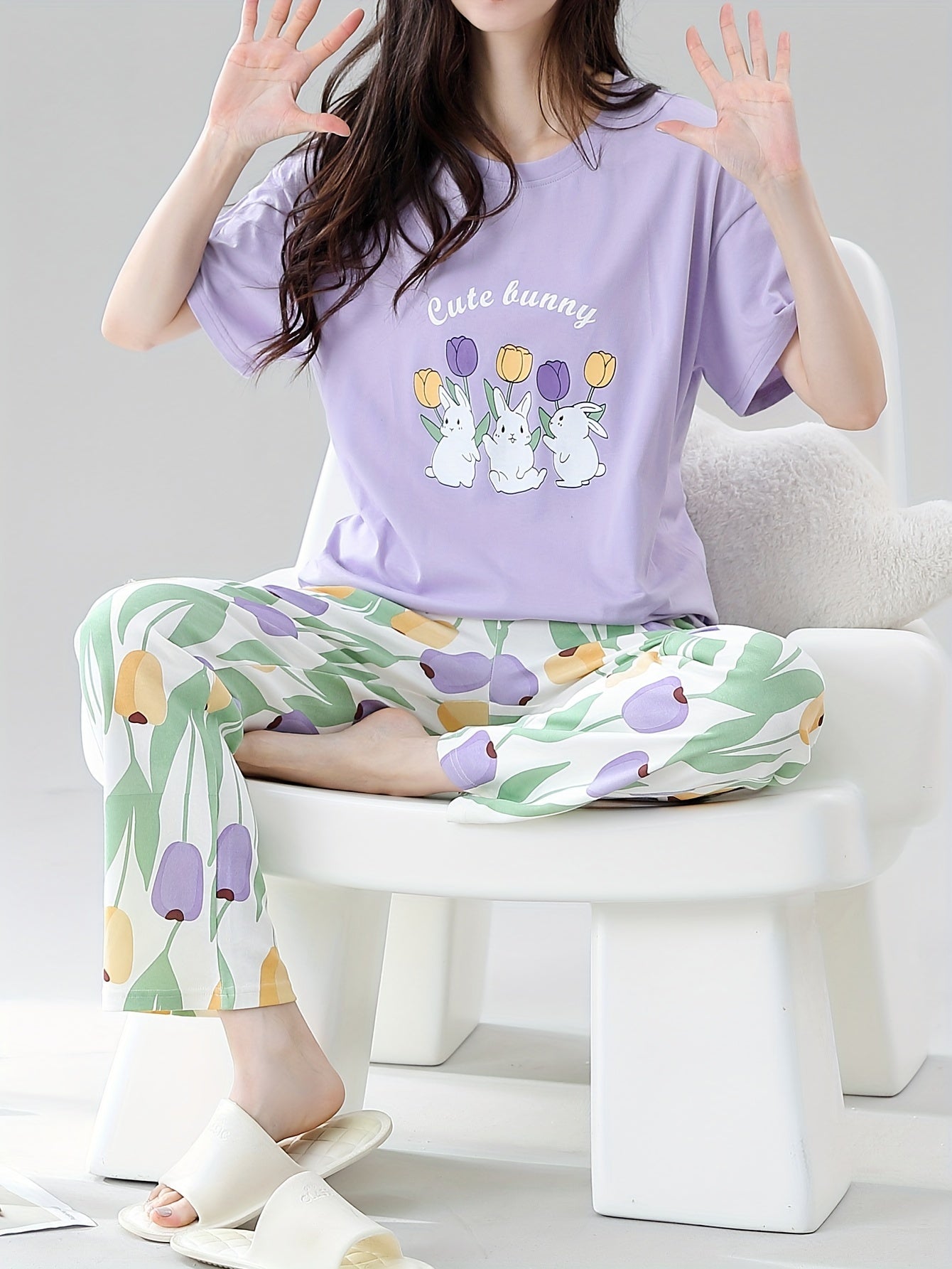 Women's Cotton Pajama Set Spring Fall Short Sleeve Long Pants Casual Floral Rabbit Design