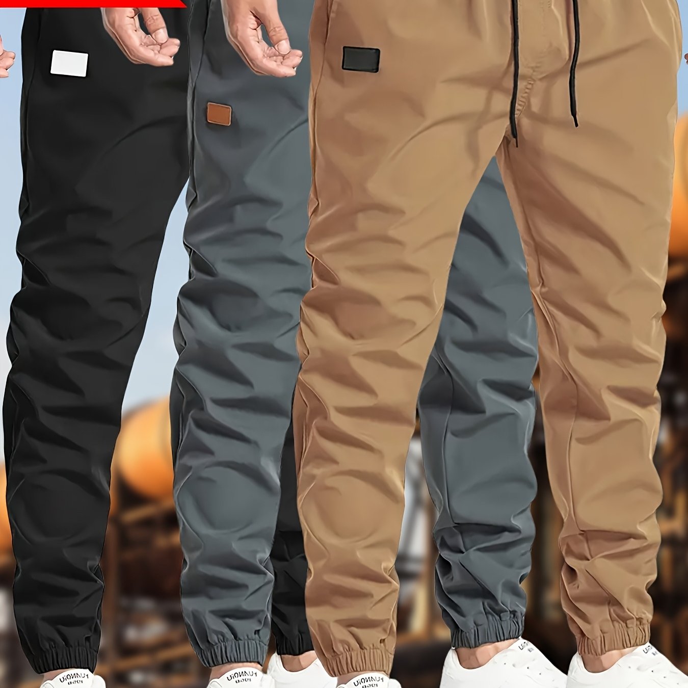 Men's Polyester Drawstring Joggers Casual Cargo Pants in Black Dark Gray Olive Green