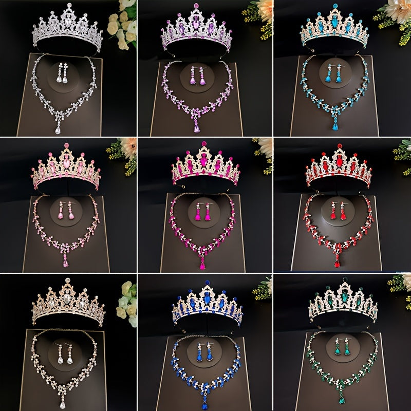 Women Bridal Jewelry Set Crystal Tiara Earrings Necklace for Weddings and Parties